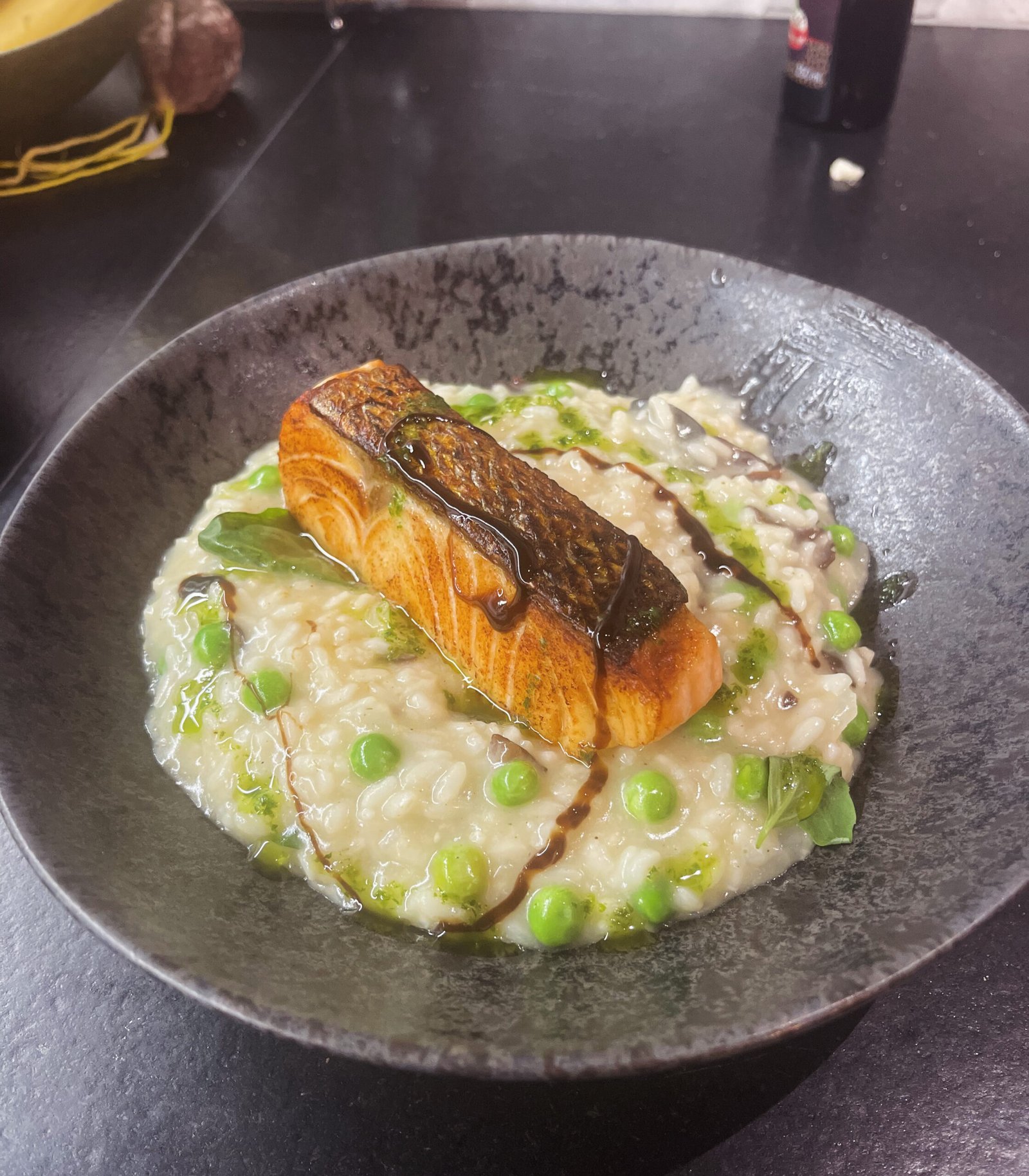Seared Salmon on a pea Risotto